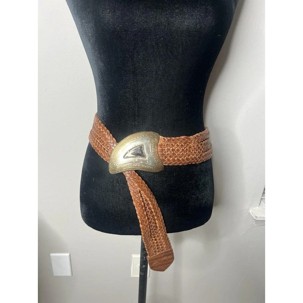 Chicos MOROCCAN BELT Braided Leather Belt, Silver-Toned Metal Vintage S/M